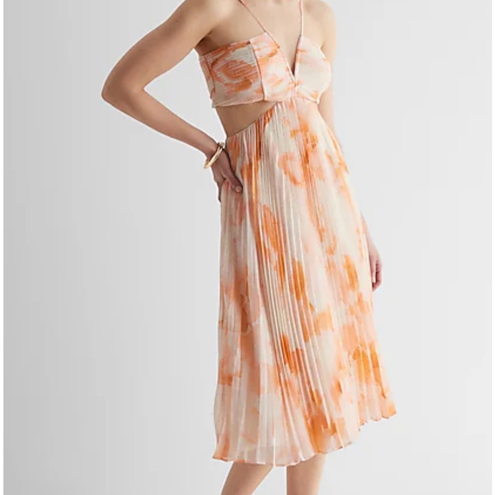 Floral V-Neck Pleated Cutout Midi Dress